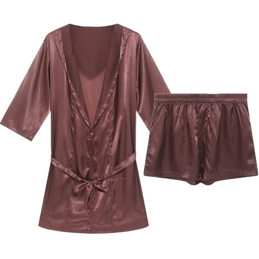 Men's Satin Hooded Robe - Brown - Picture 3 of 4